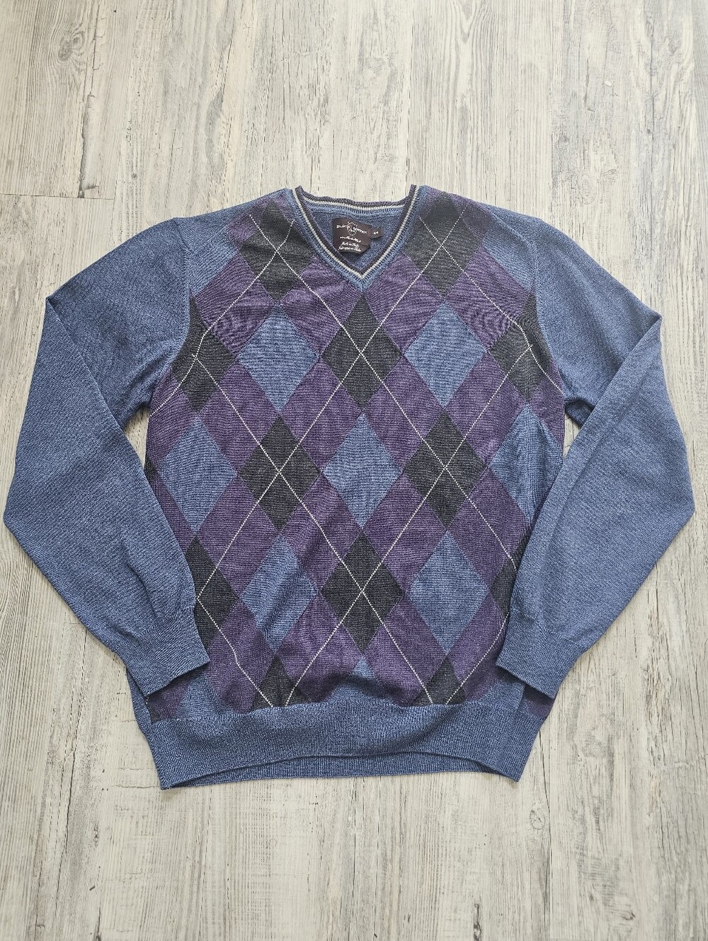 Black Brown 1826 Merino Wool Argyle V Neck Sweater Men's M Made In Italy